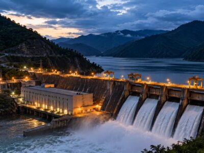 Una represa con vertederos abiertos y un embalse entre montañas al anochecer.