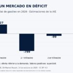 Balance mundial de gasóleo en 2026: superávit de 427.000 barriles diarios en el primer trimestre y déficits de 799.000, 99.000 y 87.000 en los siguientes.