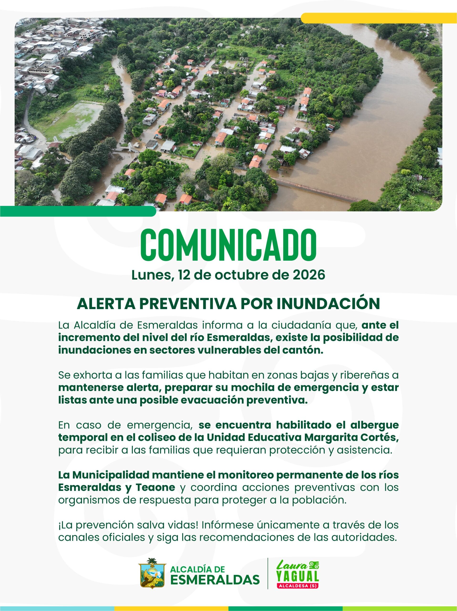 Comunicado de la Alcaldía de Esmeraldas con una alerta preventiva por inundación ante la crecida del río Esmeraldas, con una vista aérea del río, 12 de octubre de 2026.
