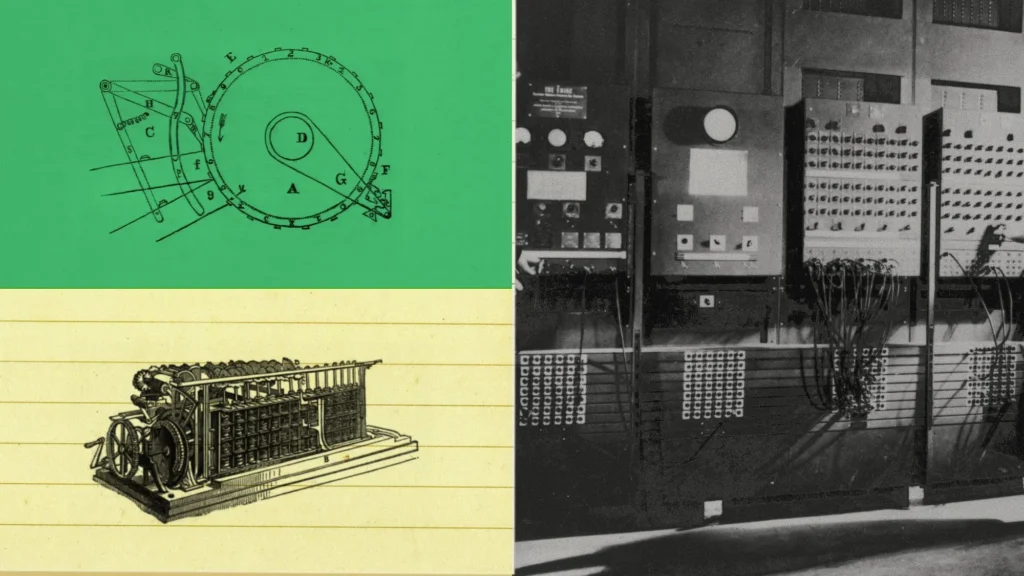Composición del anuncio de Claude y circuitos cuánticos: esquemas de máquinas y equipos históricos de computación.