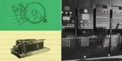 Composición del anuncio de Claude y circuitos cuánticos: esquemas de máquinas y equipos históricos de computación.