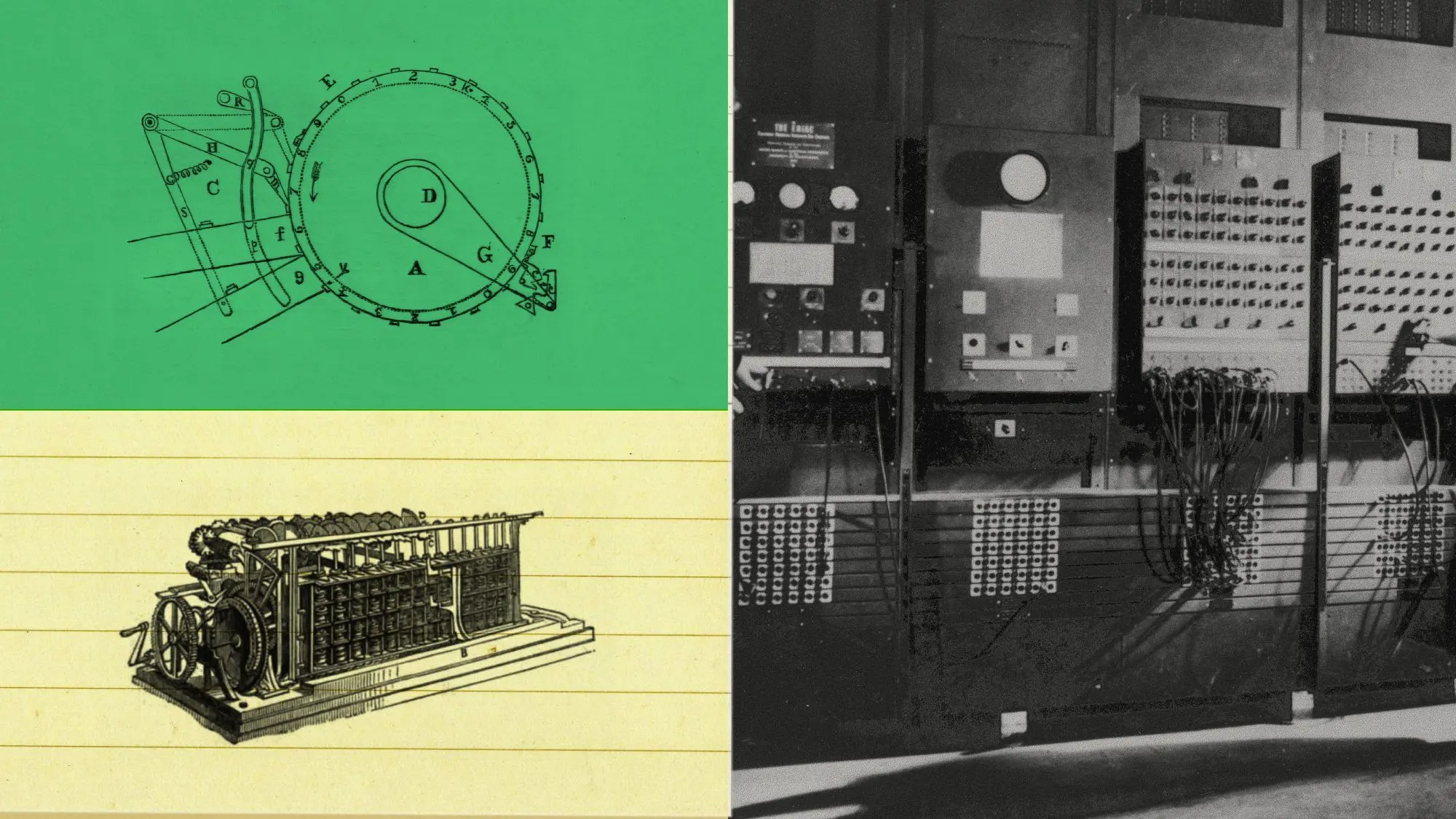 Composición del anuncio de Claude y circuitos cuánticos: esquemas de máquinas y equipos históricos de computación.