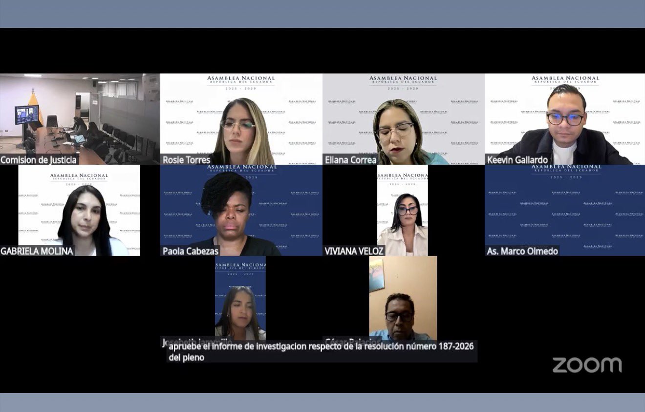 Asambleístas de la Comisión de Justicia en la sesión virtual del 8 de octubre de 2026 en la que se votó el informe sobre la Resolución 187-2026