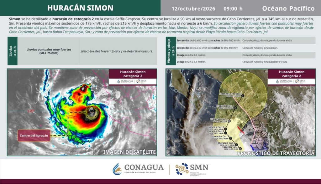 Imagen satelital de Simon y pronóstico de trayectoria difundidos por Conagua el 12 de octubre de 2026 a las 09:00