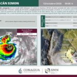 Imagen satelital de Simon y pronóstico de trayectoria difundidos por Conagua el 12 de octubre de 2026 a las 09:00