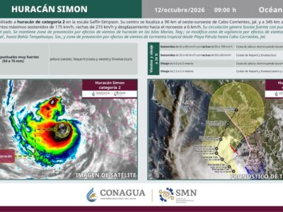 Imagen satelital de Simon y pronóstico de trayectoria difundidos por Conagua el 12 de octubre de 2026 a las 09:00