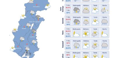 Gráfica del Inamhi con el pronóstico del tiempo por localidades de la región Litoral para el lunes 12 de octubre de 2026, con la Advertencia 79 vigente.