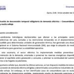 Encabezado de la notificación de la Empresa Eléctrica Quito del 14 de octubre de 2026 sobre la desconexión temporal obligatoria de consumidores de alto y medio voltaje.