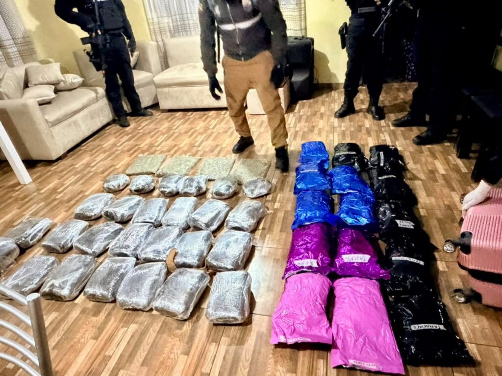 Paquetes envueltos en plástico alineados en el piso de una vivienda, con agentes de pie alrededor, durante uno de los allanamientos del 7 de octubre de 2026.