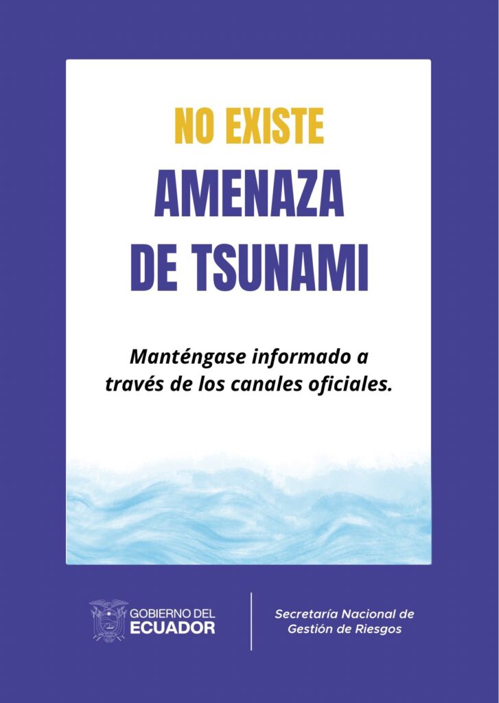 Gráfica oficial de la Secretaría Nacional de Gestión de Riesgos con el texto «No existe amenaza de tsunami» y el pedido de mantenerse informado a través de los canales oficiales, difundida el 9 de octubre de 2026.