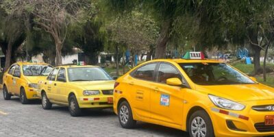 Tres taxis amarillos estacionados en fila junto a una zona arbolada.