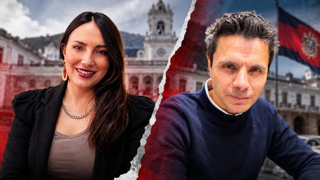 Composición de los retratos de María Fernanda Guillén y Wilson Merino con un edificio de Quito al fondo.