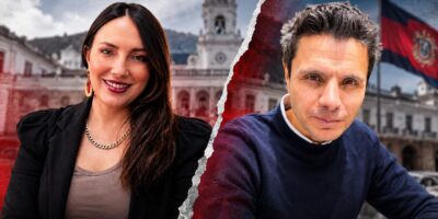 Composición de los retratos de María Fernanda Guillén y Wilson Merino con un edificio de Quito al fondo.