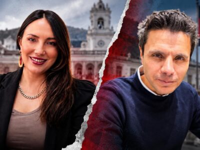 Composición de los retratos de María Fernanda Guillén y Wilson Merino con un edificio de Quito al fondo.
