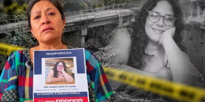 Composición de una mujer que sostiene un afiche de búsqueda de Joselyn Oña y un retrato de la joven.