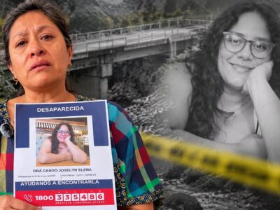 Composición de una mujer que sostiene un afiche de búsqueda de Joselyn Oña y un retrato de la joven.